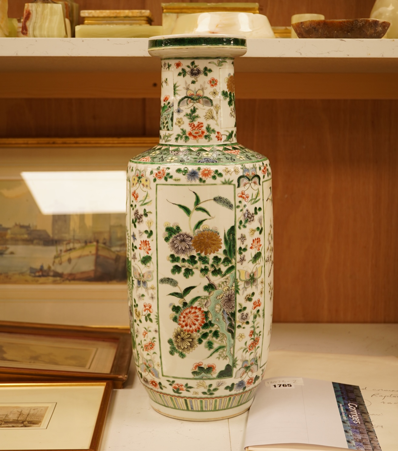 A Chinese famille verte rouleau vase, 19th century, 46cm